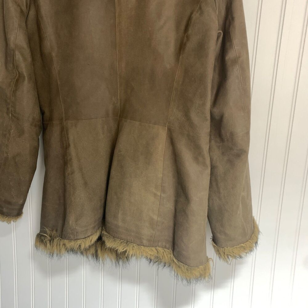 Vintage Newport News Leather Coat Womens M Brown Faux Fur Trim Y2K Boho - Picture 13 of 14